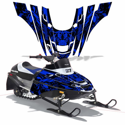 Snowmobile graphics kit with dark blue skull graphics on hood and front side panels