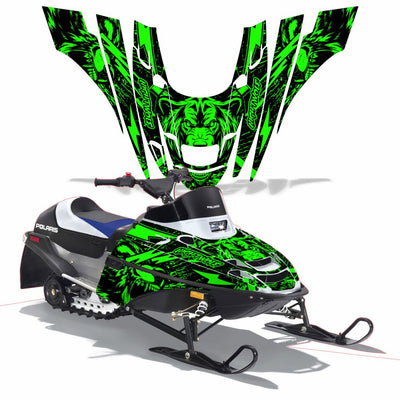 Snowmobile graphics kit with bright green skull graphics on hood and front side panels