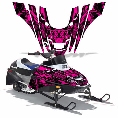 Snowmobile graphics kit with pink and black tiger face and flame-style accents