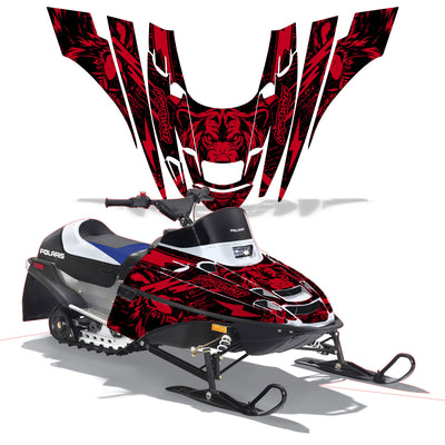 Snowmobile graphics kit with red and black tiger face and flame-style accents