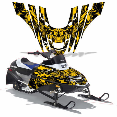 Snowmobile graphics kit with yellow and black tiger face and flame-style accents