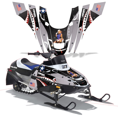 Snowmobile graphics kit with white panels and stars-and-stripes cowboy center graphic