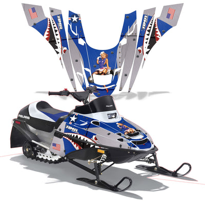 Snowmobile graphics kit with blue panels and stars-and-stripes cowboy center graphic