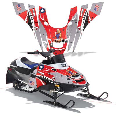 Snowmobile graphics kit with red panels and stars-and-stripes cowboy center graphic