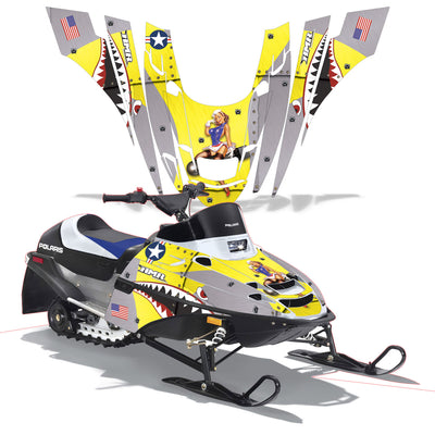 Snowmobile graphics kit with yellow panels and stars-and-stripes cowboy center graphic