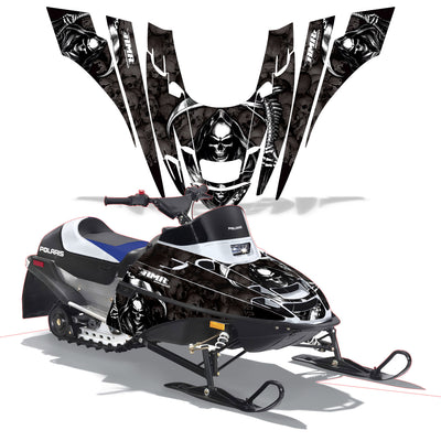 Snowmobile graphics kit with black panels and skull portrait with flame streaks