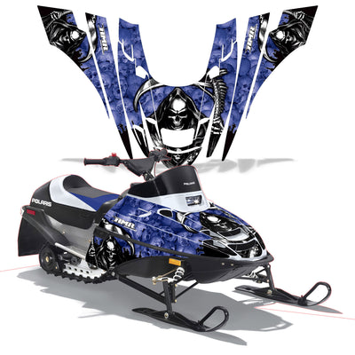 Snowmobile graphics kit with blue panels and skull portrait with flame streaks