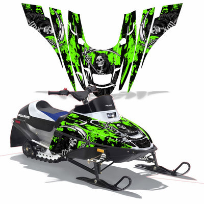Snowmobile graphics kit with neon green and black wolf face flame design