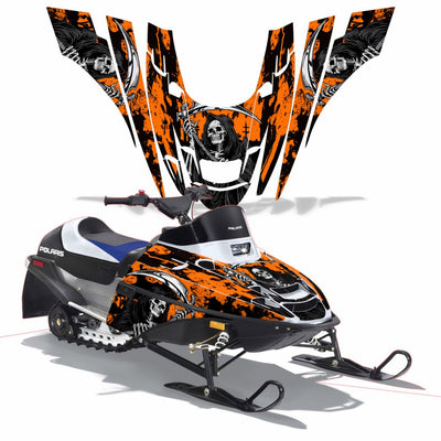 Snowmobile graphics kit with orange and black wolf face flame design