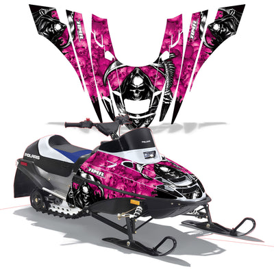 Snowmobile graphics kit with pink and black wolf face flame design