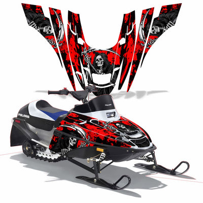 Snowmobile graphics kit with red and black flame and wolf face design