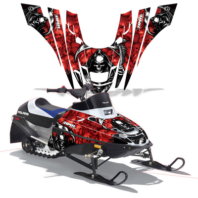 Snowmobile graphics kit with red and black wolf face flame design