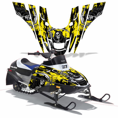 Snowmobile graphics kit with neon yellow-green and black wolf face flame design