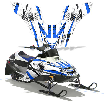 Snowmobile graphics kit with blue and white lightning burst design