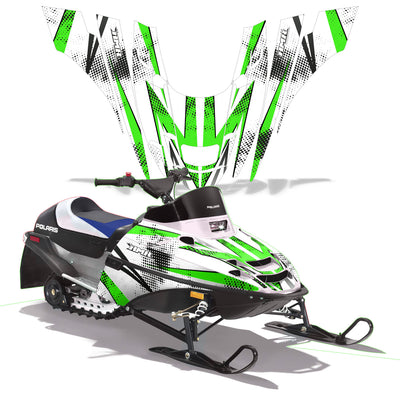 Snowmobile graphics kit with neon green and white lightning burst design