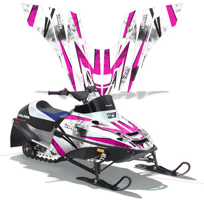 Snowmobile graphics kit with magenta and white lightning burst design