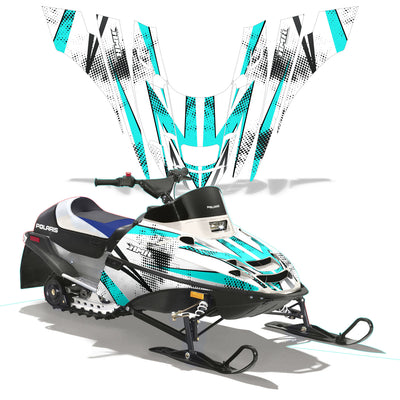 Snowmobile graphics kit with teal and black angular decals