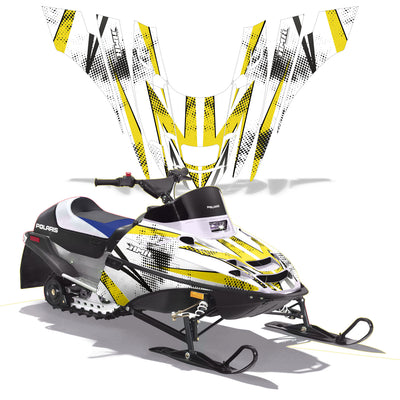 Snowmobile graphics kit with yellow and black angular decals