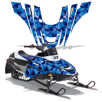 Snowmobile graphics kit with blue camouflage-style angular decals