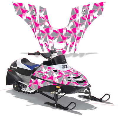 Snowmobile graphics kit with pink and white angular decals