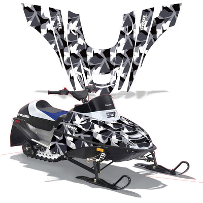 Snowmobile graphics kit with black and white shattered pattern decals