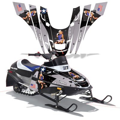 Snowmobile graphics kit for Polaris XC 120 with stars, pin-up artwork, and American flags