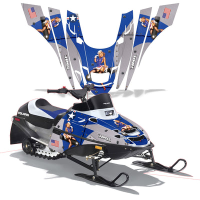 Snowmobile graphics kit for Polaris XC 120 with blue accents, stars, and pin-up figures
