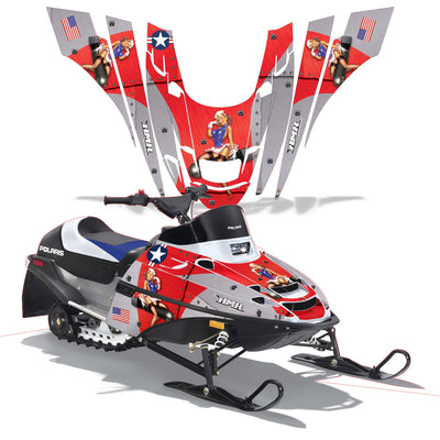 Snowmobile graphics kit for Polaris XC 120 with red accents, stars, and pin-up figures