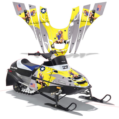 Snowmobile graphics kit for Polaris XC 120 with yellow accents, stars, and pin-up artwork