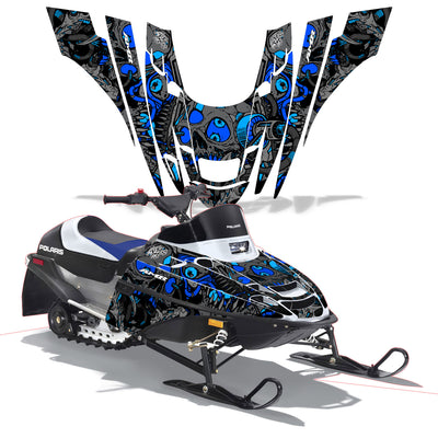 Snowmobile graphics kit for Polaris XC 120 in black with blue skull and flame graphics