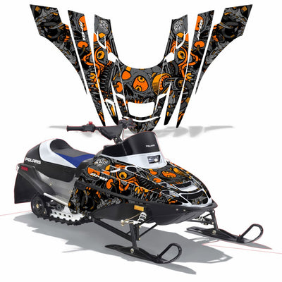 Snowmobile graphics kit for Polaris XC 120 in black with orange skull and flame graphics