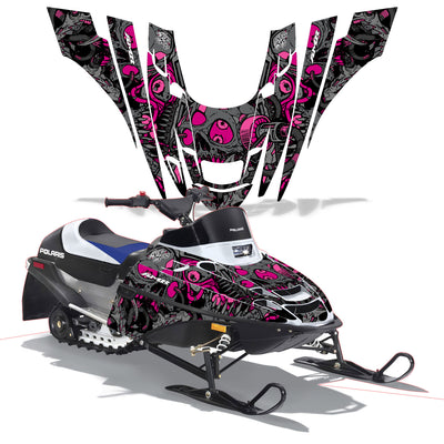 Snowmobile graphics kit for Polaris XC 120 in black with pink skull and flame graphics