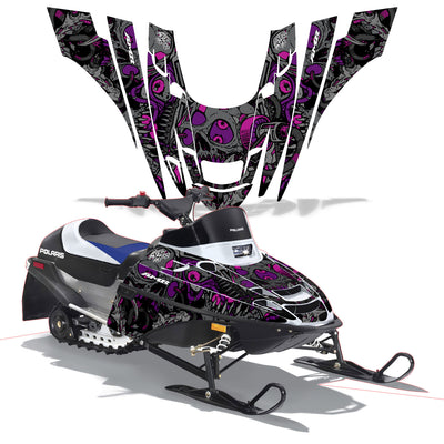 Snowmobile graphics kit for Polaris XC 120 in black with purple skull and flame graphics