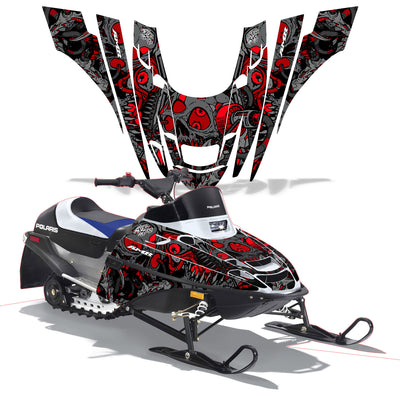 Snowmobile graphics kit for Polaris XC 120 in black with red skull and flame graphics