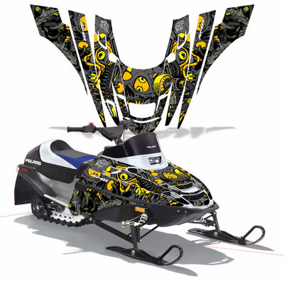 Snowmobile graphics kit with yellow skull and black swirls on front cowl and panels
