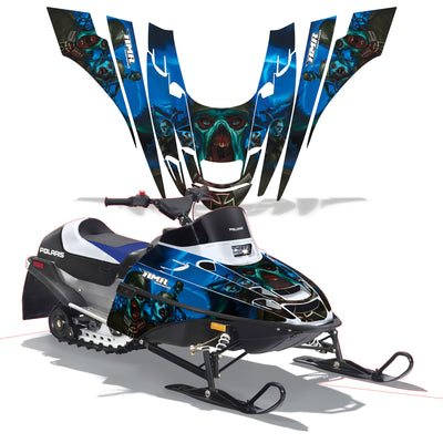Snowmobile graphics kit with blue warrior art and black graphics on front cowl and panels