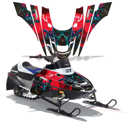 Snowmobile graphics kit with red and blue warrior art on front cowl and side panels