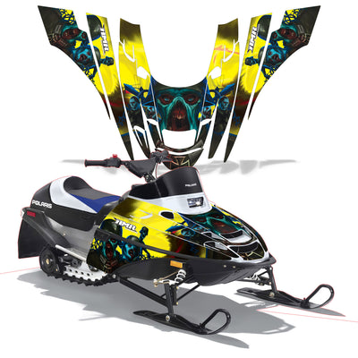 Snowmobile graphics kit with yellow and black panels and teal skull artwork on cowl
