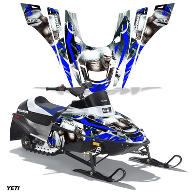 Snowmobile graphics kit with blue racing stripes and wolf face artwork on black