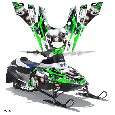 Snowmobile graphics kit with green lightning lines and bear-face art on front cowl panels