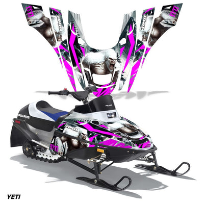 Snowmobile graphics kit with pink and purple racing stripes and wolf face artwork
