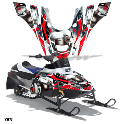 Snowmobile graphics kit with red lightning lines and bear-face art on front cowl panels