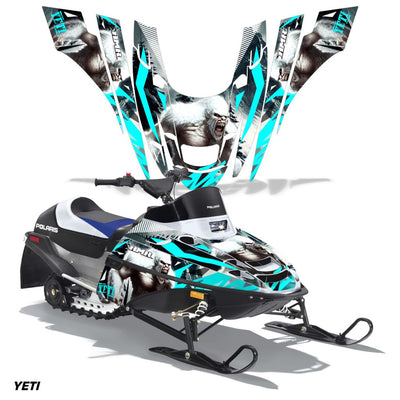Snowmobile graphics kit with teal lightning lines and bear-face art on front cowl panels