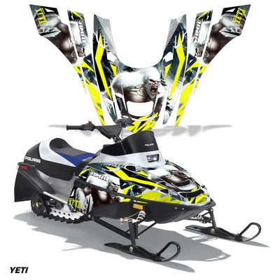 Snowmobile graphics kit with yellow and lime racing stripes and wolf face artwork