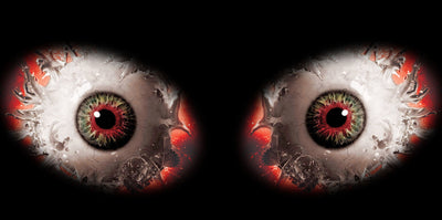Headlight graphic decal with two pale eyes, red irises, and fiery splatter details