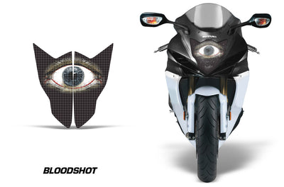 Sport bike headlight graphics with bloodshot eye design on front fairing