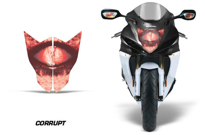 Sport bike headlight graphics with corrupt red eye design on front fairing