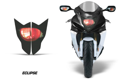 Sport bike headlight graphics with eclipse eye graphic in black and gray