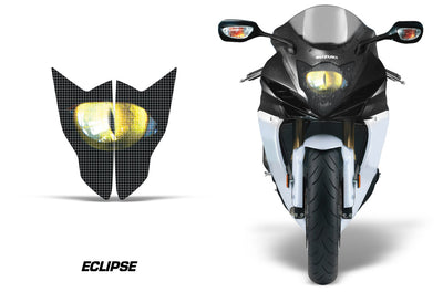 Sport bike headlight graphics with yellow eclipse eye design on front fairing