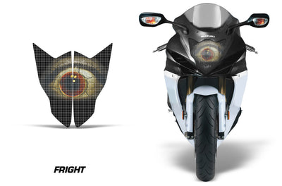 Sport bike headlight graphics with fright eye design in gold and dark tones